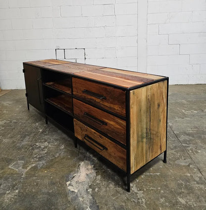 Recycled wood TV cabinet with steel door and 3 drawers