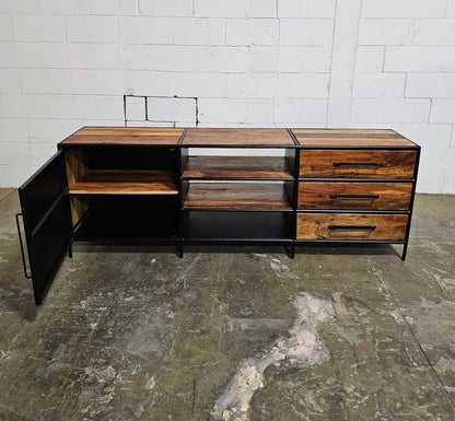 Recycled wood TV cabinet with steel door and 3 drawers