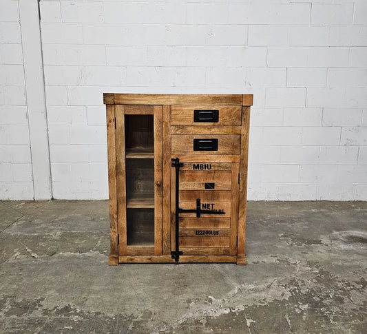 Container-style cabinet made of mango wood with glass door and 2 drawers