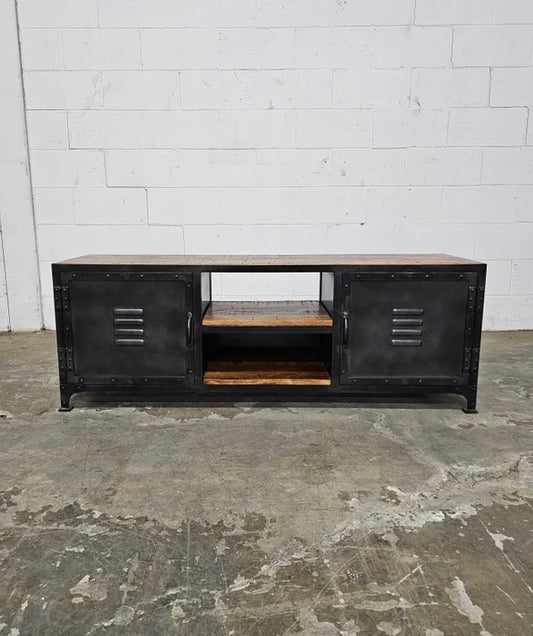 Industrial TV Stand or Entryway Bench in Locker Style Wood and Steel