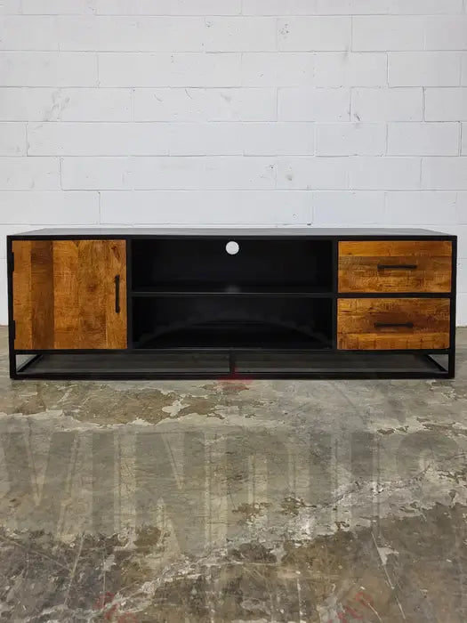 TV cabinet in mango wood and black steel structure