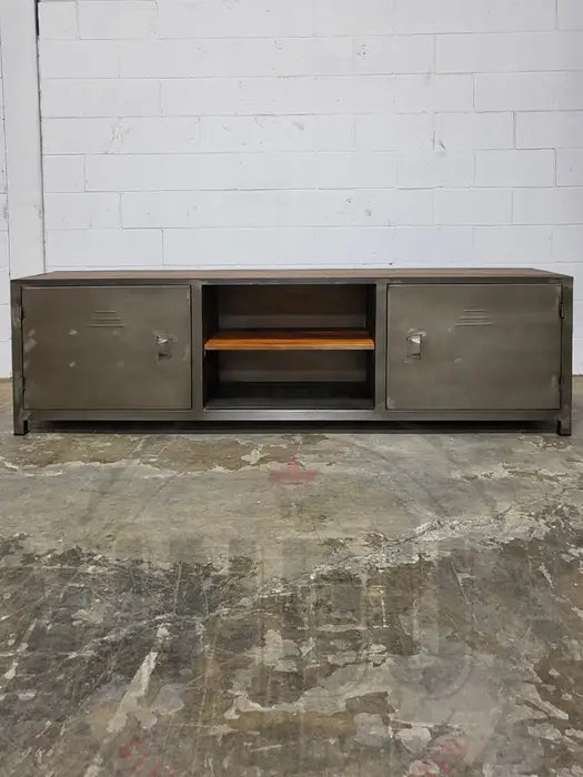 Industrial TV cabinet in antique wood and steel with 2 locker-style doors