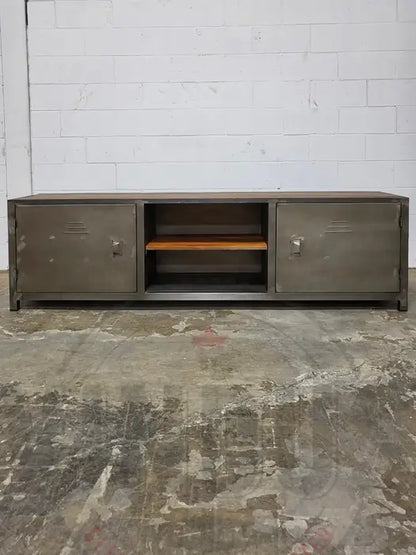 Industrial TV cabinet in antique wood and steel with 2 locker-style doors