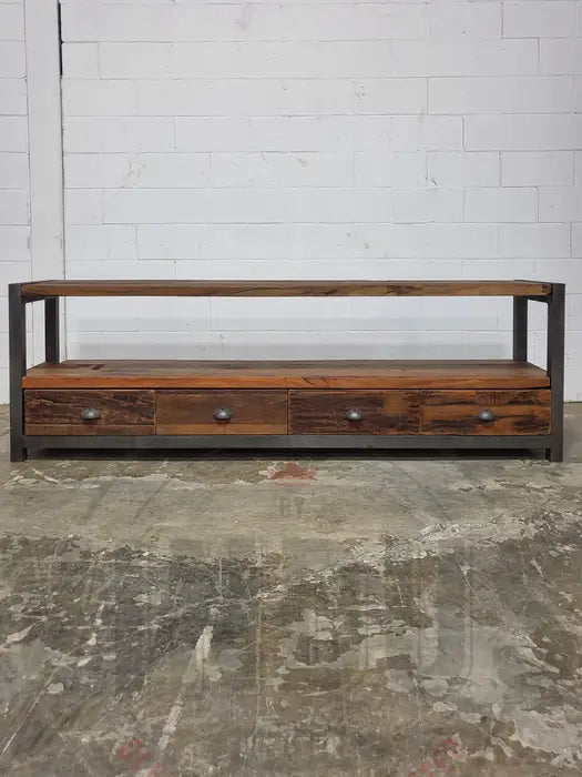 Industrial TV cabinet made of recycled wood and steel with 4 drawers