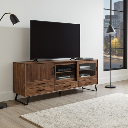 Meuble Télé Arezzo en bois de manguier portes coulissantes vitrées