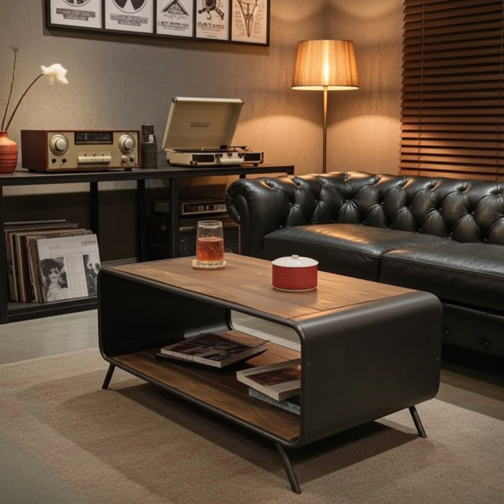 Retro coffee table made of recycled wood and steel