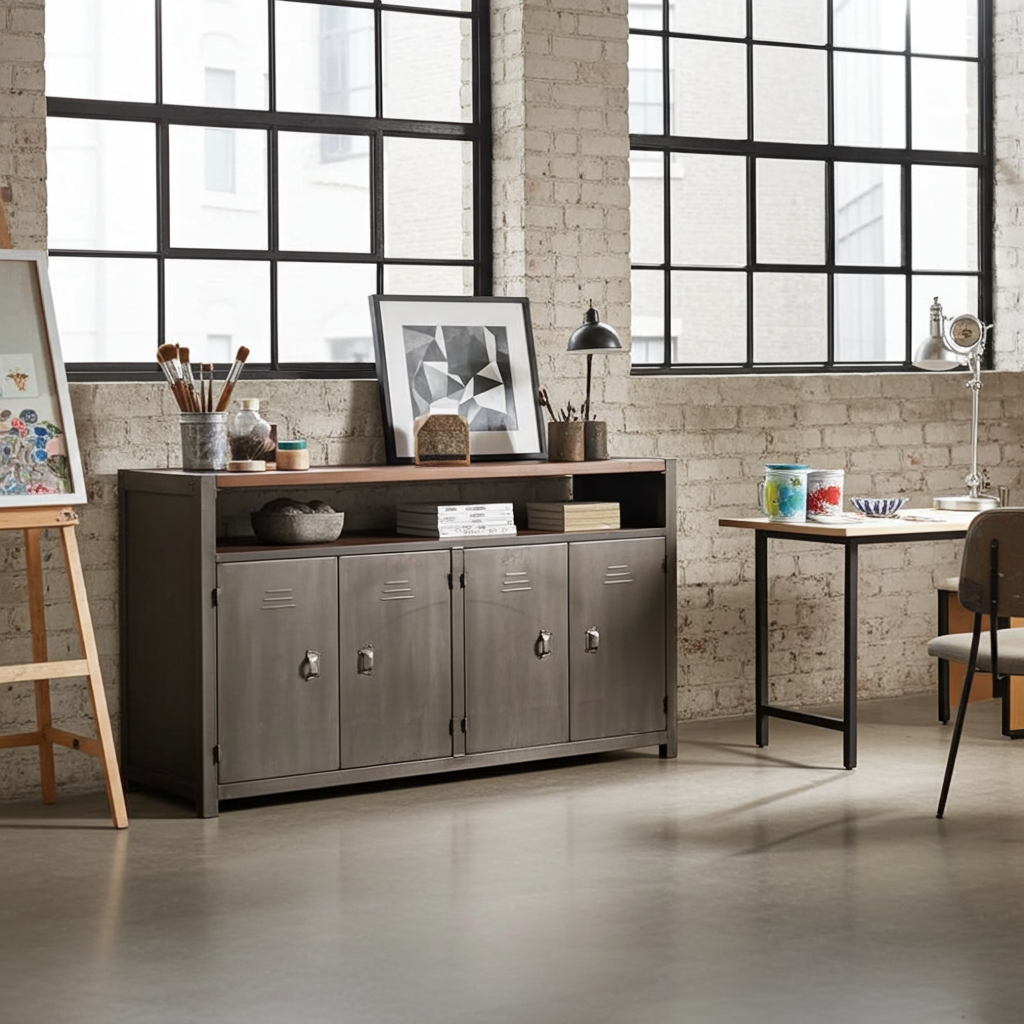 Buffet industriel en bois recyclé et acier brut