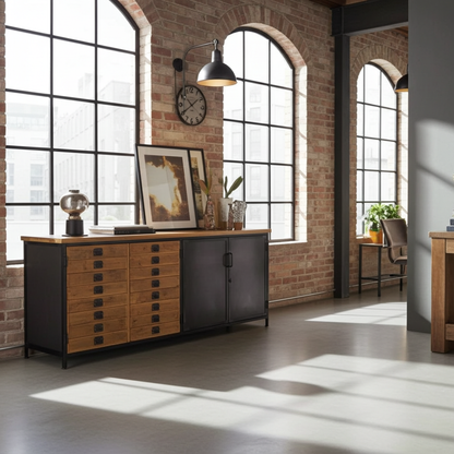 Buffet industriel en bois de manguier 4 portes bois et acier