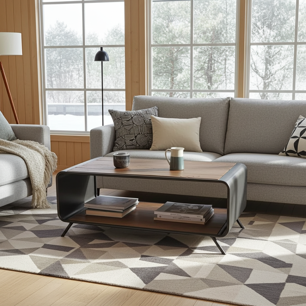 Retro coffee table made of recycled wood and steel