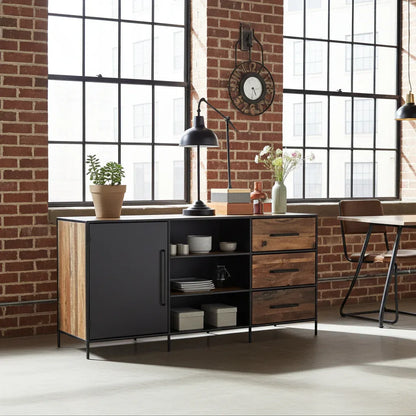 Buffet en bois recyclé avec porte en acier et 3 tiroirs