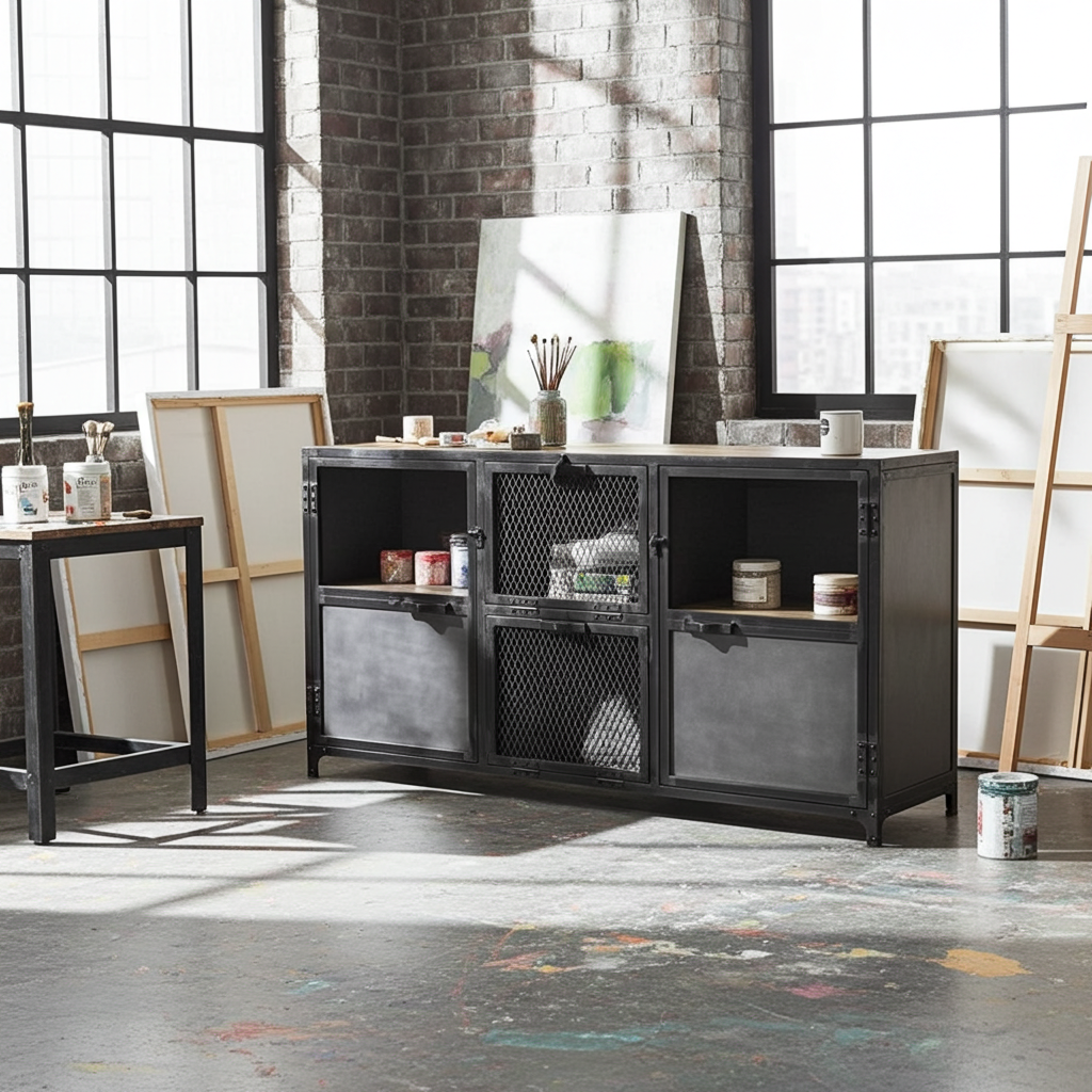 Buffet Ibiza en bois de manguier et acier brut portes vitrées