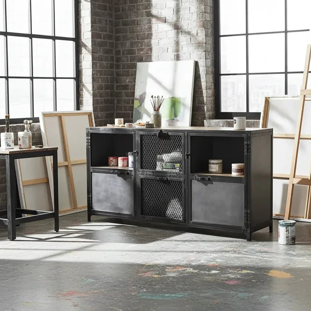 Buffet Ibiza en bois de manguier et acier brut portes vitrées Vindus Furniture