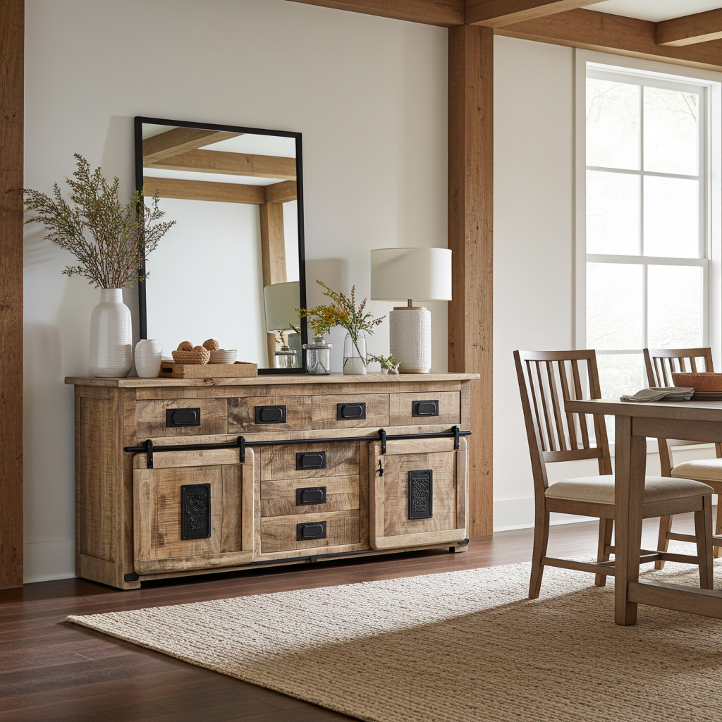 Buffet Farmhouse en bois de manguier brut avec portes coulissantes