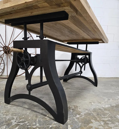 Crank dining table with matt black steel base and natural mango wood top