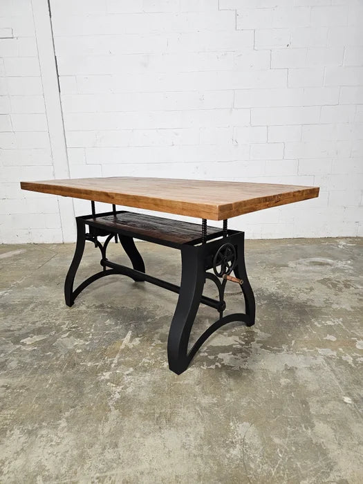 Crank dining table with matt black steel base and stained mango wood top