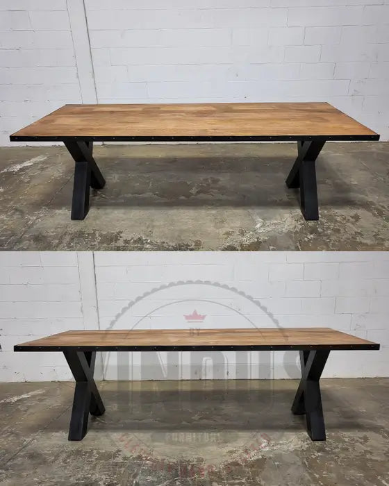 Table à dîner industrielle Pattes en X et son plateau de manguier avec bordure d'acier