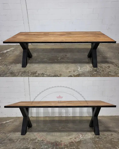 Table à dîner industrielle Pattes en X et son plateau de manguier avec bordure d'acier