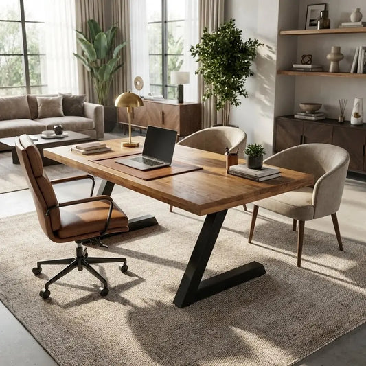 Mango wood table or desk with black steel L-shaped legs