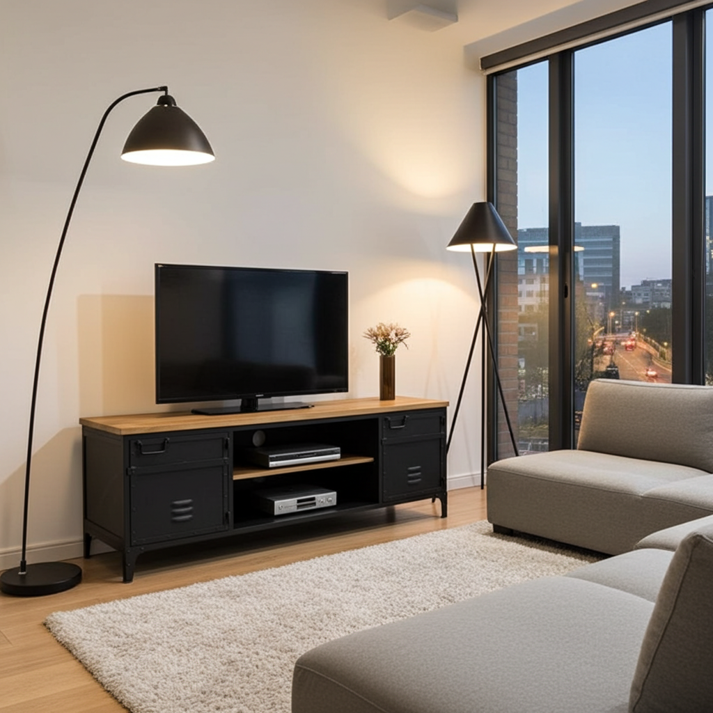 Meuble télé industriel en acier noir style casier dessus en bois de manguier