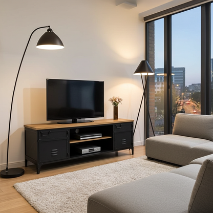 Meuble télé industriel en acier noir style casier dessus en bois de manguier