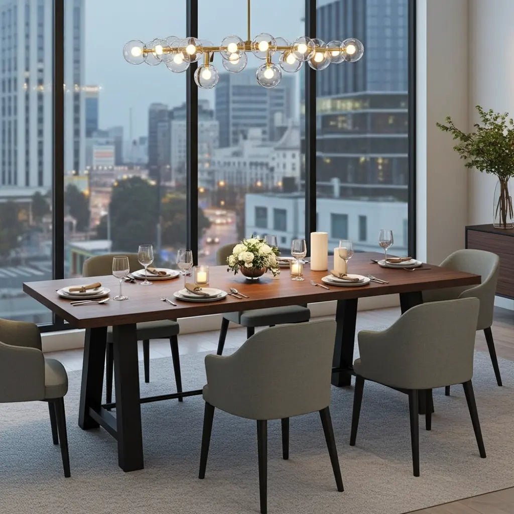 Table à diner industrielle style Établie patte en acier noir avec plateau en acacia Vindus Furniture