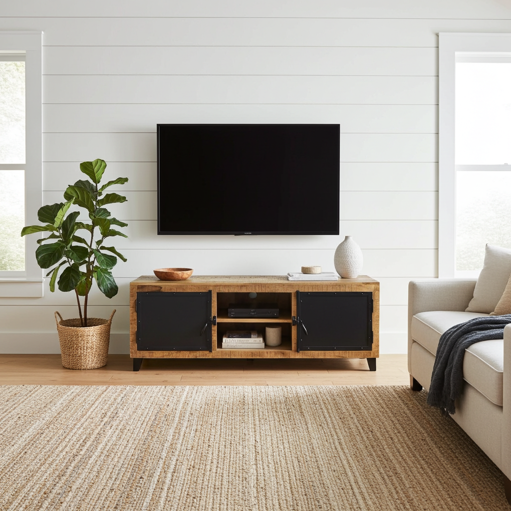 Mango wood TV cabinet with black steel door