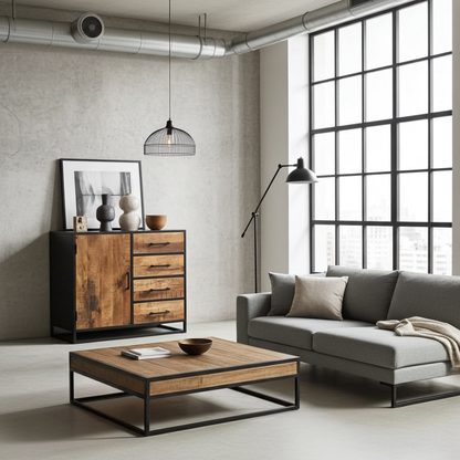 Commode en bois de manguier et structure d'acier noir