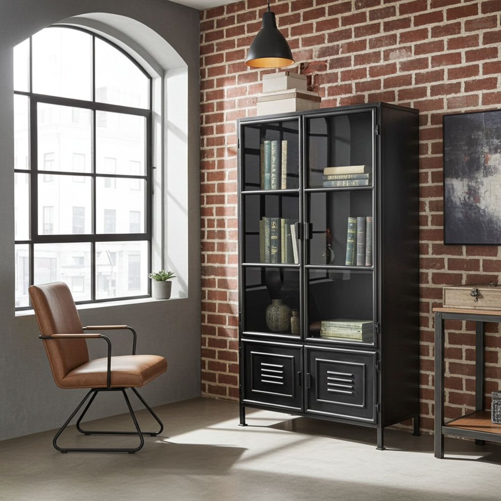 Armoire vintage en acier noir avec porte vitrée et porte style casier dans le bas