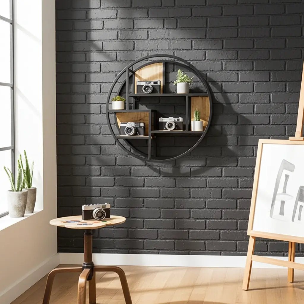 Round wall shelf in mango wood and steel - Vindus Furniture