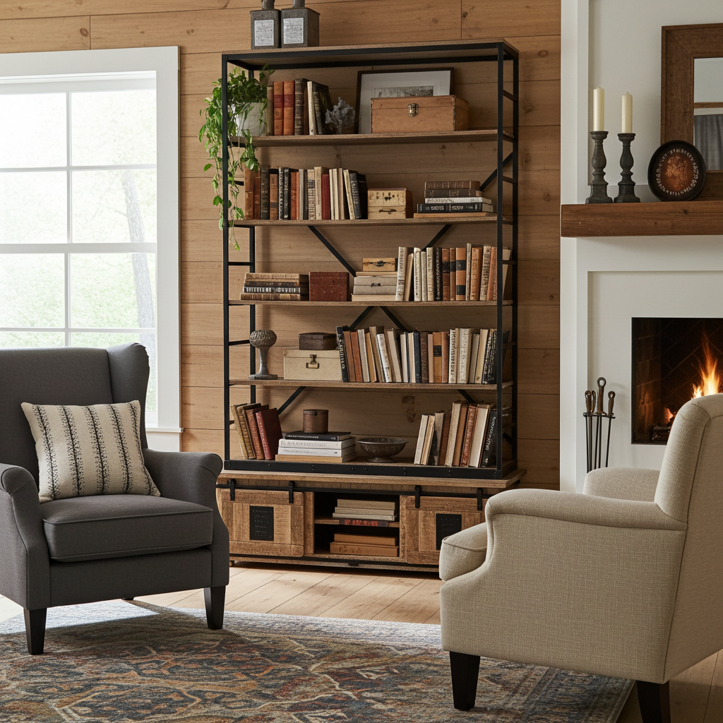 Bibliothèque Farmhouse en bois de manguier brut