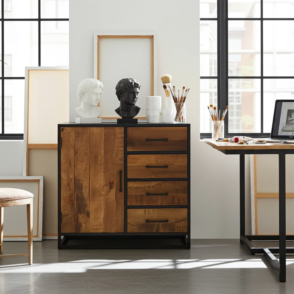 Commode en bois de manguier et structure d'acier noir