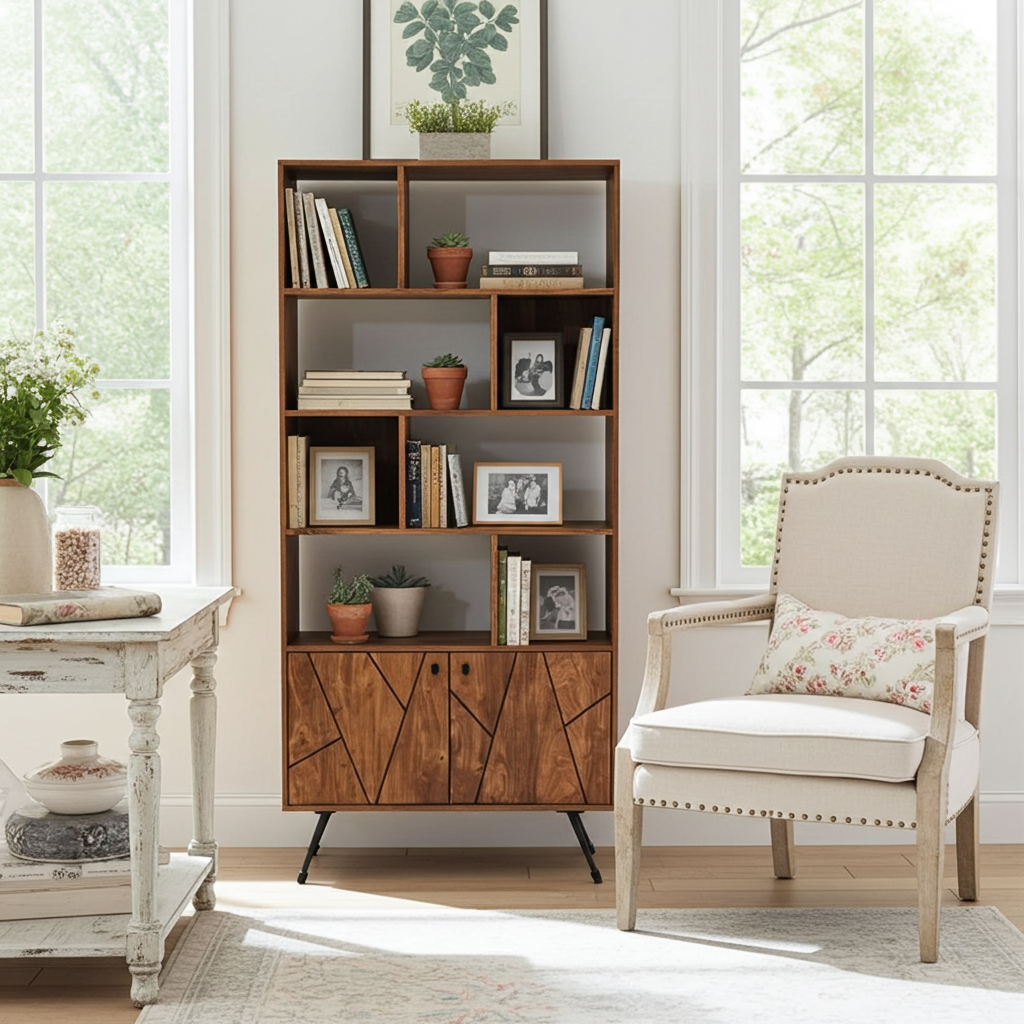 Étagère Mid-Century en bois d'Acacia avec 2 portes