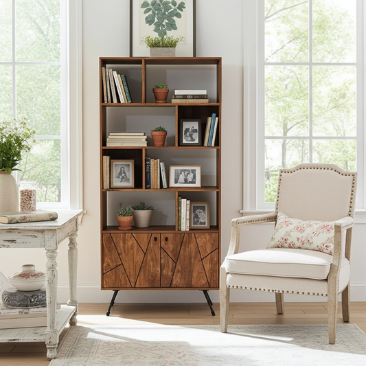 Étagère Mid-Century en bois d'Acacia avec 2 portes