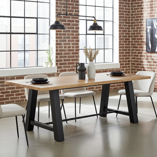 Industrial Dining Table Workbench Style Matte Black Steel Leg with Mango Wood Top