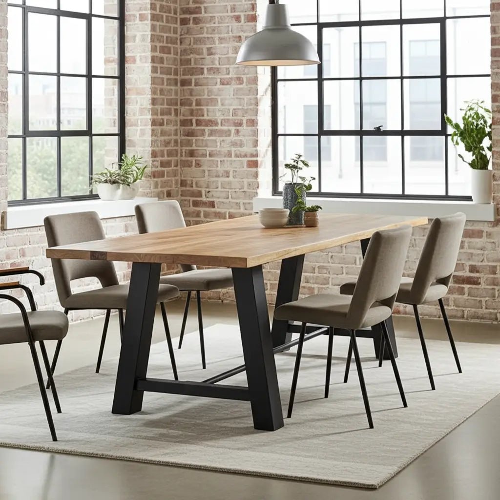 Table à diner industrielle style Établie patte en acier noir mat avec plateau en Bois de Manguier Vindus Furniture