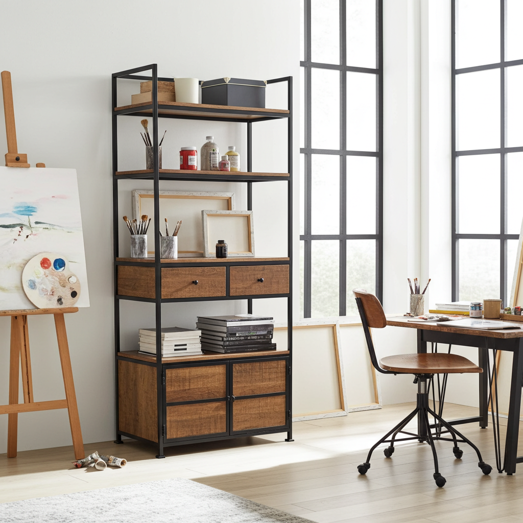 Étagère Style industrielle en bois de manguier et acier noir avec 2 tiroirs