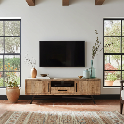 Meuble télé en bois de manguier brut sur patte en acier noir