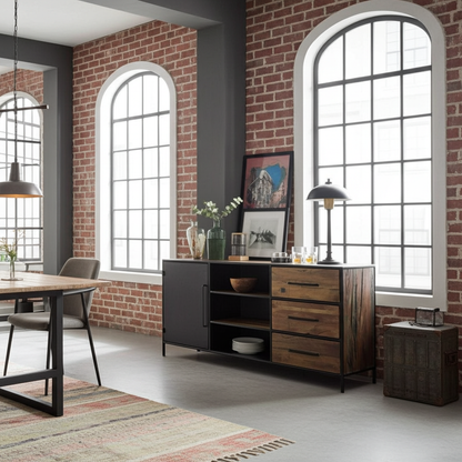 Buffet en bois recyclé avec porte en acier et 3 tiroirs