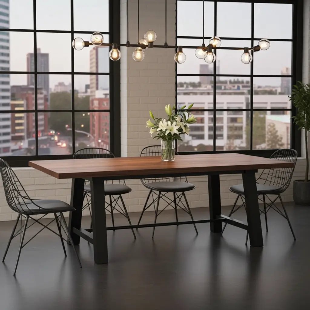 Table à diner industrielle style Établie patte en acier noir avec plateau en acacia Vindus Furniture