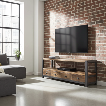 Meuble tv industriel bois Recyclé et acier avec 4 tiroirs