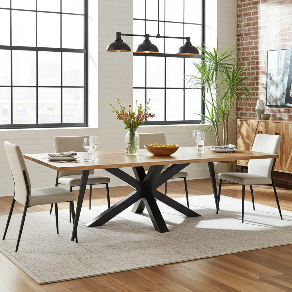 Spider dining table with matte black legs and extendable mango wood top