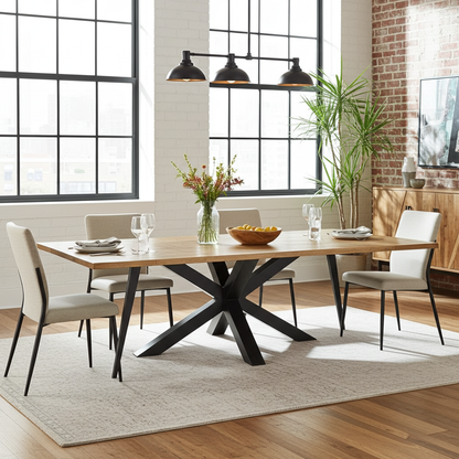 Spider dining table with matte black legs and extendable mango wood top