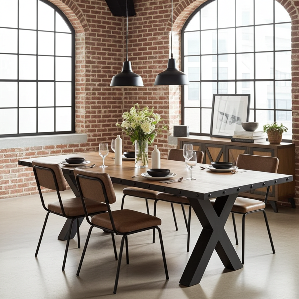 Table à dîner industrielle Pattes en X et son plateau de manguier avec bordure d'acier