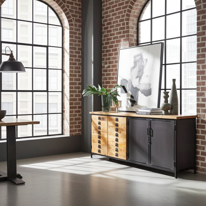 Buffet industriel en bois de manguier 4 portes bois et acier