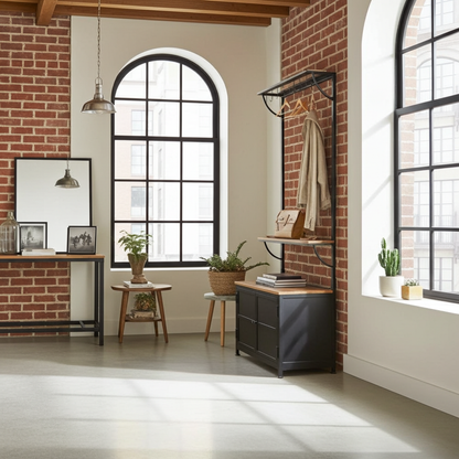 Meubles d'entrée avec banc et rangement, porte-manteau de 32 po, en bois de manguier et acier, meuble avec étagère de rangement et 8 crochets