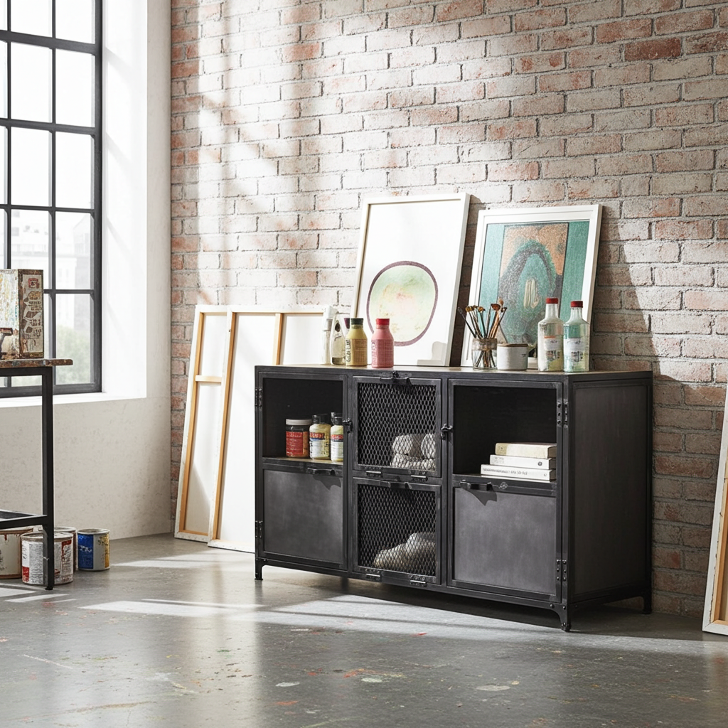 Buffet Ibiza en bois de manguier et acier brut portes vitrées