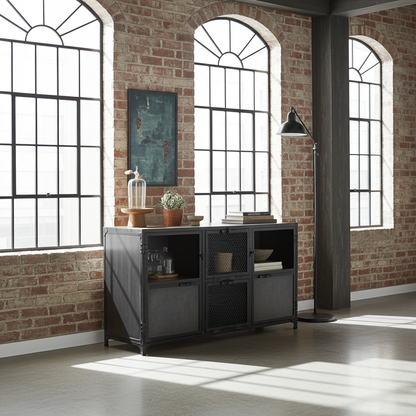 Buffet Ibiza en bois de manguier et acier brut portes vitrées