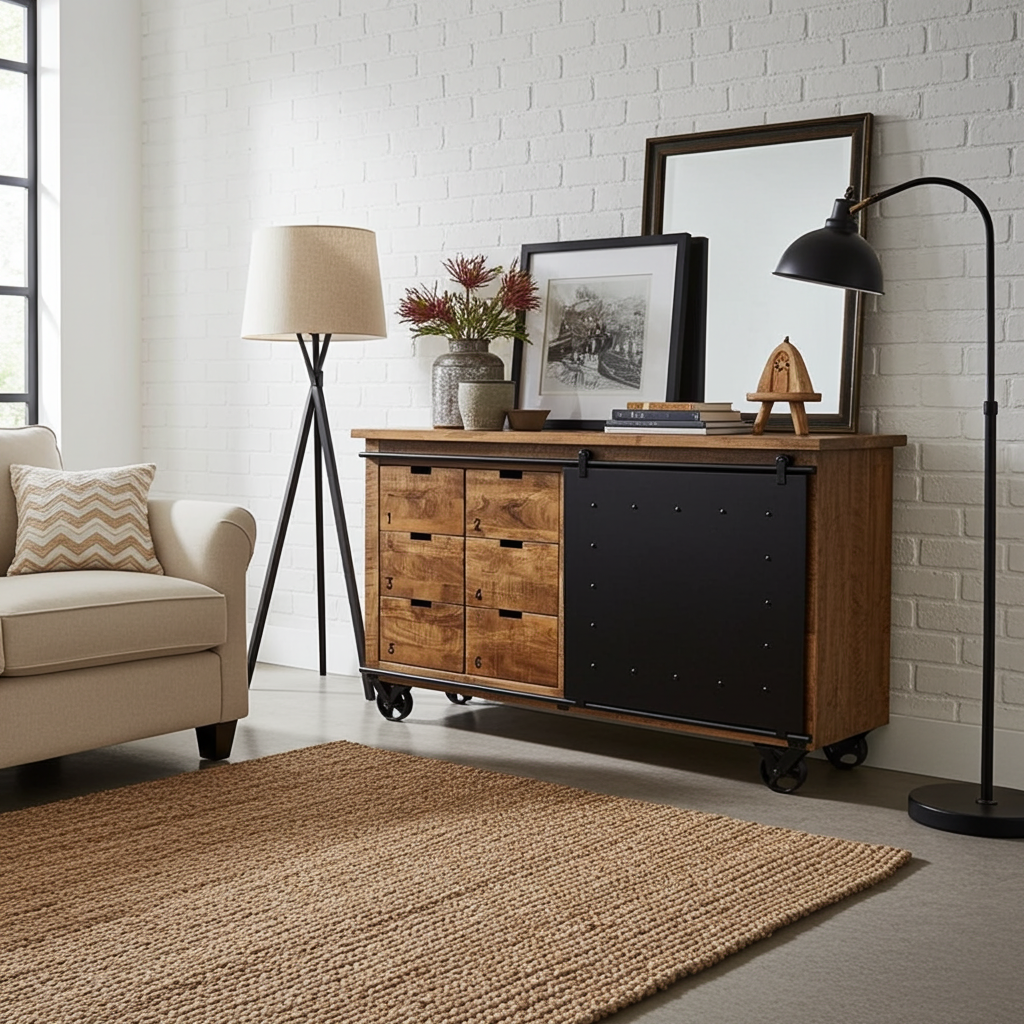 Buffet industriel en bois de manguier et acier noir sur roue avec 6 tiroirs et porte en acier coulissante