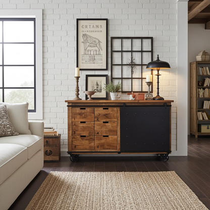 Buffet industriel en bois de manguier et acier noir sur roue avec 6 tiroirs et porte en acier coulissante