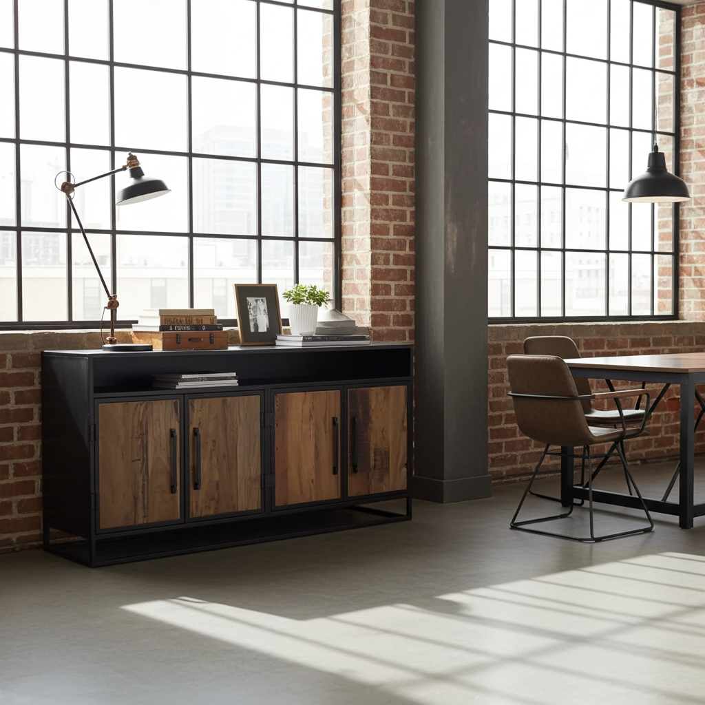 Buffet bois Recyclé sur structure d'acier noir